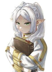 1girl book capelet closed_mouth earrings elf frieren green_eyes hashtag-only_commentary highres holding holding_book jewelry long_hair pointy_ears solo sousou_no_frieren tarinne twintails white_background white_capelet white_hair