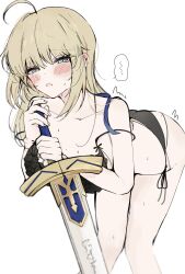 1girl :o absurdres ahoge artoria_pendragon_(fate) bikini black_bikini blonde_hair blush breasts cowboy_shot fate/grand_order fate_(series) green_eyes hair_down hayato_hoshi604 highres holding holding_sword holding_weapon large_breasts long_hair saber_(fate) side-tie_bikini_bottom simple_background solo sweatdrop swimsuit sword tears weapon white_background