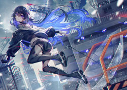 1girl black_gloves black_hair black_jacket black_shoes black_shorts black_thighhighs blue_eyes blue_hair building choker cityscape cloud cloudy_sky crane_(machine) from_behind gloves hair_between_eyes highres jacket jumping kamitsubaki_studio koko_(kamitsubaki_studio) long_hair looking_back mebaru mole mole_under_eye multicolored_hair shoe_soles shoes short_shorts shorts single_glove sky skyscraper sneakers solo spiral_staircase splashing stairs thighhighs transparent transparent_umbrella two-tone_hair umbrella virtual_youtuber
