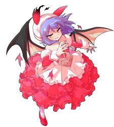 1girl alternate_costume bare_shoulders bat_wings blush collarbone commentary_request commission dairi detached_sleeves dress full_body fur-trimmed_sleeves fur_trim hat large_variant_set long_sleeves looking_at_viewer off-shoulder_dress off_shoulder open_mouth purple_hair red_dress red_eyes red_shoes red_sleeves remilia_scarlet shoes short_hair skeb_commission smile solo standing sweatdrop tachi-e torn_clothes torn_hat torn_sleeves touhou v-shaped_eyebrows variant_set white_hat wings