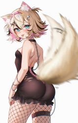 1girl :3 absurdres alternate_costume animal_ear_fluff animal_ears ass backless_dress backless_outfit black_choker black_dress black_hair blonde_hair blue_eyes blush breasts chain choker commentary cowboy_shot cross-laced_clothes cross-laced_dress crossed_bangs dog_ears dog_girl dog_tail dress eyelashes fishnet_pantyhose fishnets frilled_dress frills from_behind goth_fashion hair_ornament hairband highres hololive hololive_english looking_at_viewer looking_back median_furrow mococo_abyssgard multicolored_hair pantyhose pink_hair rosebell short_dress short_hair shoulder_blades signature simple_background skull_hair_ornament small_breasts solo spiked_hairband spikes streaked_hair tail tail_wagging thigh_strap tongue tongue_out torn_clothes torn_dress two_side_up virtual_youtuber white_background x_hair_ornament