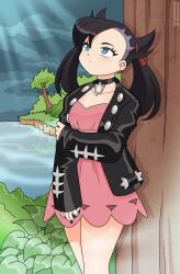 Rule 34 | 1girl, absurdres, aqua eyes, asymmetrical bangs, black choker, black hair, black jacket, black nails, choker, closed mouth, cloud, cloudy sky, collarbone, dress, earrings, hair ribbon, highres, holding own arm, jacket, jewelry, long hair, looking up, marnie (pokemon), nico-neko, nintendo, outdoors, pink dress, pokemon, pokemon swsh, ribbon, short dress, sky, solo, tree, twintails, undercut, water