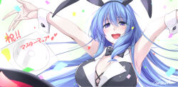 1girl :d aoe_mai artist_name blue_hair bow bowtie breasts choco_chip cleavage congratulations large_breasts leotard mama_x_holic official_art open_mouth outstretched_arms playboy_bunny purple_eyes smile upper_body