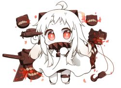 Rule 34 | 10s, 1girl, abyssal ship, ahoge, aircraft, airplane, black panties, chibi, colored skin, covered mouth, dress, female focus, holding, horns, kantai collection, long hair, looking at viewer, machinery, mittens, nipeira, northern ocean princess, panties, red eyes, ship turret, simple background, solo, underwear, white background, white dress, white hair, white skin