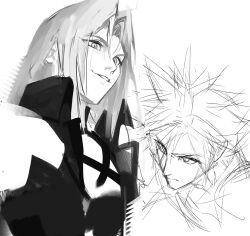 2boys armor chest_strap closed_mouth cloud_strife ercqelx8rprduft evil_grin evil_smile final_fantasy final_fantasy_vii grey_hair greyscale grin highres long_hair looking_at_another male_focus monochrome multiple_boys parted_bangs pauldrons portrait sephiroth short_hair shoulder_armor sketch slit_pupils smile spiked_hair