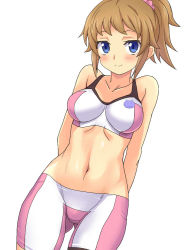10s 1girl :&gt; bare_shoulders bike_shorts blue_eyes blush closed_mouth collarbone cowboy_shot dutch_angle eeeeee female_focus groin gundam gundam_build_fighters gundam_build_fighters_try hair_ornament hair_scrunchie hoshino_fumina looking_at_viewer midriff navel ponytail scrunchie short_hair shorts simple_background skin_tight sleeveless smile solo sports_bra standing stomach tank_top thigh_gap two-tone_sports_bra white_background white_shorts
