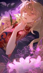 1girl absurdres black_dress blonde_hair dalachi_(headdress) dress ender_xiaohai flower highres holding holding_flower junko_(touhou) lily_(flower) long_hair pom_pom_(clothes) red_eyes red_nails red_tabard solo tabard touhou wide_sleeves