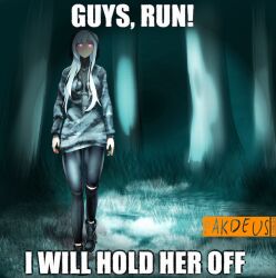 1girl absurdres ak-12_(girls&#039;_frontline) artificial_eye camouflage forest girls&#039;_frontline grass grey_hair guys_run!_i_will_hold_her_off_(meme) highres horror_(theme) mechanical_eye meme nature night pakdeus purple_eyes signature solo unusually_open_eyes