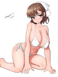 1girl absurdres all_fours alternate_costume asahi_(kancolle) bikini braid breasts brown_hair cleavage grey_eyes hair_ribbon highres kantai_collection large_breasts looking_at_viewer maru_(marg0613) mole mole_under_mouth one-hour_drawing_challenge ribbon short_hair side-tie_bikini_bottom simple_background single_braid solo swimsuit white_background white_bikini white_ribbon