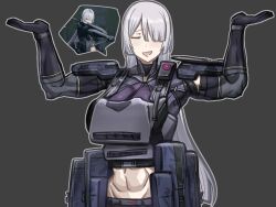 1girl abs ak-15_(girls&#039;_frontline) closed_eyes game_screenshot_inset girls&#039;_frontline girls&#039;_frontline_2:_exilium gold_ship_(umamusume) grey_background grey_hair hair_over_one_eye highres holy_light long_hair muscular muscular_female navel open_mouth simple_background solo umamusume voymastina_(girls&#039;_frontline_2)