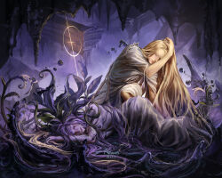 1boy 1girl ariamis_arts blonde_hair elden_ring elden_ring:_shadow_of_the_erdtree highres indoors long_hair looking_at_another miquella_(elden_ring) purple_hair sleeping sleeveless_tunic st._trina_(elden_ring) tunic very_long_hair white_tunic