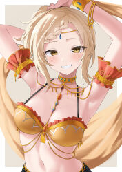 1girl absurdres armband armpits arms_up belly_dancing blonde_hair blush border braid braided_bangs breasts dancer frilled_armband frills gold_armlet gold_choker gold_trim highres long_hair looking_at_viewer love_live! love_live!_nijigasaki_high_school_idol_club medium_breasts miyashita_ai navel orange_armband outside_border simple_background smile solo upper_body white_border yellow_background yuu_(shampoohatslime)