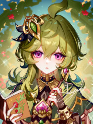 1girl ahoge artist_name book capelet chinese_commentary collei_(genshin_impact) commentary_request genshin_impact green_capelet green_hair hair_ornament highres holding holding_book long_hair looking_at_viewer parted_lips purple_eyes sheya signature solo upper_body