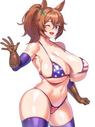 1girl american_flag american_flag_bikini american_flag_print animal_ears bare_shoulders bikini blue_eyes blue_gloves blue_thighhighs blush breasts brown_gloves brown_hair cleavage elbow_gloves flag_print flag_print_bikini gloves highres horse_ears horse_girl layered_gloves long_hair looking_at_viewer navel one_eye_closed open_mouth print_bikini smile solo swimsuit taiki_shuttle_(umamusume) thighhighs umamusume volyz