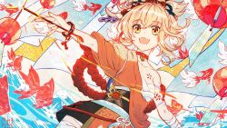1girl arm_tattoo bandaged_arm bandages blonde_hair breasts chest_sarashi chest_tattoo choker fish genshin_impact goldfish hadanugi_dousa hair_ornament highres japanese_clothes kimono medium_breasts nail_polish obi open_kimono open_mouth orange_kimono orange_nails sarashi sash single_bare_shoulder smile sumi_noth tattoo teeth upper_teeth_only vision_(genshin_impact) yellow_eyes yoimiya_(genshin_impact)