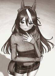 1girl alternate_costume animal_ears blush breasts closed_mouth commentary_request curry_soba earrings greyscale hair_between_eyes highres horse_ears horse_girl horse_tail jewelry long_hair long_sleeves looking_at_viewer medium_breasts monochrome multicolored_hair pencil_skirt plaid_clothes plaid_skirt ribbed_sweater simple_background single_earring skirt sleeves_past_wrists solo streaked_hair sweater symboli_rudolf_(umamusume) tail turtleneck turtleneck_sweater umamusume very_long_hair