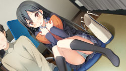 Rule 34 | 1boy, 1girl, black hair, blush, braid, cube (company), cuffs (company), feet, game cg, highres, kantoku, kneehighs, knees together feet apart, koi suru kanojo no bukiyou na butai, miyakuni ichigo, nanase sena, no shoes, panties, pantyshot, pussy juice, school uniform, sitting, skirt, socks, underwear, yellow eyes