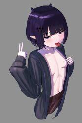 1girl absurdres black_hair black_jacket black_pants blue_eyes breasts grey_background highres hololive hololive_english jacket navel ninomae_ina&#039;nis open_clothes open_jacket pants pointy_ears s_aeho short_hair simple_background small_breasts solo tongue tongue_out v virtual_youtuber