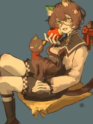 1boy absurdres animal_ears animalization animification apple aqua_background black_shorts black_socks bow brown_hair brown_shoes cat cat_boy cat_ears cat_tail commentary english_commentary food fruit glasses green_eyes heterochromia highres holding holding_food holding_fruit kenadian long_sleeves looking_at_viewer male_focus minecraft_youtube person_and_animalization pillow red_bow round_eyewear shirt shoes short_hair shorts simple_background sleephobia11037 socks solo tail tail_bow tail_ornament white_shirt yellow_eyes