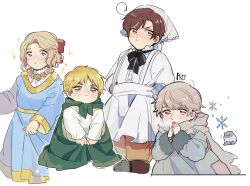 4boys aged_down ahoge america_(hetalia) apron arms_behind_back axis_powers_hetalia baggy_pants belt black_bow black_bowtie blonde_hair blue_dress bow bowtie brown_hair brown_pants buttons cape child closed_mouth coat commentary_request covering_own_mouth cowboy_shot crossdressing dkdmis dress fingernails flower flower_necklace france_(hetalia) frills fur-trimmed_sleeves fur_trim green_cape green_eyes grey_coat grey_hair grey_scarf hair_bow hands_up headscarf jewelry long_sleeves looking_at_viewer male_focus multiple_boys necklace notice_lines open_mouth orange_flower orange_rose own_hands_together pants purple_eyes red_bow rose russia_(hetalia) scarf shirt short_hair simple_background snowflakes southern_italy_(hetalia) sparkle standing steam trap united_kingdom_(hetalia) v-shaped_eyebrows white_apron white_background white_headscarf white_shirt yellow_belt