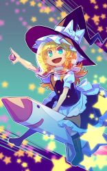 1girl alternate_eye_color apron black_socks blonde_hair blush boots bow braid female_focus fishbowl flying green_eyes hair_bow hair_ornament hat hat_ribbon helmet kirisame_marisa kneehighs long_hair mimi-chan open_mouth outstretched_arm pointing puffy_sleeves ribbon rocket shirt short_sleeves side_braid simple_background single_braid skirt skirt_set smile socks solo star_(symbol) touhou touhou_(pc-98) turtleneck vest white_shirt witch_hat zounose