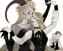 2girls absurdly_long_hair black_dress blonde_hair charlie_morningstar demon_girl demon_horns dress hazbin_hotel highres horns lilith_(hazbin_hotel) long_hair low-tied_long_hair mother_and_daughter multiple_girls tppiiiiqqt very_long_hair