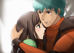 1boy 1girl blue_hair brown_hair chirico_cuvie fiana hug kashiyuki long_hair soukou_kihei_votoms