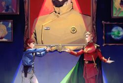 2girls 4boys aiming amuro_ray belt blonde_hair cape char&#039;s_counterattack char&#039;s_counterattack_-_beltorchika&#039;s_children char_aznable earth_federation earth_federation_space_forces gun gundam handgun highres holster kamille_bidan lalah_sune military_uniform mobile_suit_gundam multiple_boys multiple_girls neo_zeon painting_(object) sayla_mass science_fiction sword vhe1sing133 weapon zeon_zum_deikun zeta_gundam