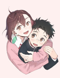 Rule 34 | &gt; o, 1boy, 1girl, arm around neck, ayase momo, black hair, black jacket, blush, brown eyes, brown hair, collared shirt, commentary request, cropped torso, crossed bangs, dandadan, earrings, floating earrings, gakuran, glasses, hair between eyes, hetero, highres, hug, hug from behind, jacket, jewelry, long sleeves, medium hair, messy hair, one eye closed, open mouth, pink background, pink sweater, pleated skirt, poo (pitind), round eyewear, school uniform, shirt, short hair, simple background, skirt, sleeves past wrists, smile, socks, sweater, takakura ken (dandadan), twitter username, upper body, white shirt