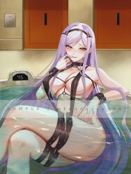 1girl absurdres areola_slip armpits bare_shoulders belt black_choker black_lilith_(last_origin) breasts choker cleavage closed_mouth commission crossed_legs hairband hand_up highres large_breasts last_origin long_hair looking_at_viewer matchacha multiple_belts navel pool purple_hair sitting slingshot_swimsuit smile solo swimsuit thigh_belt thigh_strap thighs very_long_hair water yellow_eyes