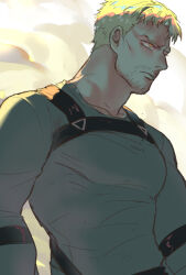 Rule 34 | 1boy, blonde hair, chinese commentary, commentary request, facial hair, frown, goatee stubble, large pectorals, male focus, orange eyes, pectorals, profile, reiner braun, shiba44469, shingeki no kyojin, solo, stubble, upper body