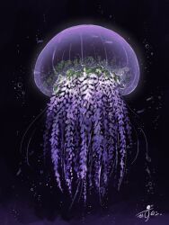 air_bubble animal animal_focus artist_name bubble commentary dark fish flower full_body fusion highres jellyfish kazunoko_(kazunoko_zunoco) no_humans original plant plant_focus purple_flower purple_theme signature solo tentacles underwater vines wisteria