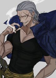 Rule 34 | 1boy, absurdres, beard stubble, benn beckman, black shirt, blue shirt, cigarette, collared shirt, commentary request, cowboy shot, dated, earrings, facial hair, floating clothes, grey background, grey hair, hair slicked back, highres, holding, holding cigarette, jewelry, male focus, one piece, rokurnshu003, sash, scar, scar on arm, scar on face, shirt, shirt on shoulders, simple background, smile, smoke, solo, stubble, t-shirt, yellow sash