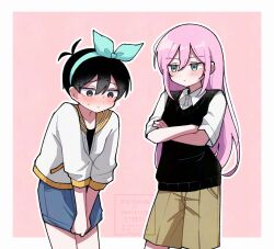 1boy 1girl antenna_hair aubrey_(faraway)_(omori) aubrey_(faraway)_(omori)_(cosplay) aubrey_(omori) black_eyes black_hair black_sweater_vest blue_eyes blue_hairband blue_skirt blush brown_shorts collarbone collared_shirt cosplay costume_switch crossdressing crossed_arms denim denim_skirt hairband highres jacket kiimorisame long_hair miniskirt omori pink_hair shirt short_hair short_sleeves shorts skirt skirt_tug sunny_(omori) sunny_(omori)_(cosplay) sweat sweater_vest watermark white_jacket white_shirt