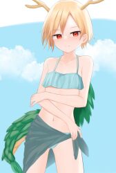 Rule 34 | 1girl, antlers, bare shoulders, bikini, blonde hair, blue bikini, closed mouth, collarbone, dakuazu, day, dragon girl, dragon horns, dragon tail, frilled bikini, frills, fur-tipped tail, green scales, green tail, highres, horns, kicchou yachie, looking at viewer, midriff, monster girl, navel, red eyes, sarong, scales, short hair, simple background, smile, solo, stomach, swimsuit, tail, touhou, turtle shell, yellow horns