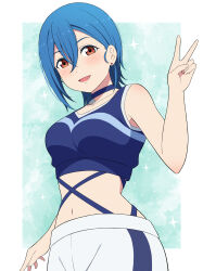 1girl aqua_background blue_hair blue_shirt breasts commentary_request cowboy_shot crop_top crossed_bangs earrings hair_between_eyes highres ichiban577 jewelry large_breasts love_live! love_live!_superstar!! making-of_available navel official_alternate_costume orange_eyes pants shirt short_hair sleeveless sleeveless_shirt solo stomach stud_earrings v wakana_shiki white_pants