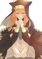 1girl absurdres animal_ear_headwear animal_ears black_veil blue_archive blue_eyes blush braid cl07 coif fake_animal_ears flower flower_hat hair_between_eyes hair_flower hair_ornament halo hat hat_flower highres kneeling looking_at_viewer mari_(blue_archive) nun orange_hair own_hands_clasped own_hands_together smile veil white_background white_flower yellow_halo