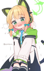 1girl animal_ear_headphones animal_ears artist_name black_shorts black_tail black_thighhighs blonde_hair blue_archive blue_necktie blush bow buttons cat_ear_headphones collared_shirt commentary_request fake_animal_ears flying_sweatdrops green_bow green_eyes green_halo hair_bow halo headphones heavy_breathing highres hood hood_down hooded_jacket jacket layered_sleeves loli long_sleeves midori_(blue_archive) necktie nose_blush open_clothes open_jacket open_mouth school_uniform shirt shorts simple_background solo standing sweat tail tearing_up thighhighs trembling twitter_username unbuttoned v v_arms wavy_mouth white_background white_jacket white_shirt wide_sleeves yuune_(ayanepuna)