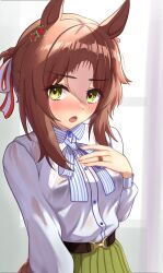 1girl 1m5papa :o animal_ears belt blush brown_hair chinese_commentary clover_hair_ornament commentary_request fine_motion_(umamusume) folded_ponytail from_side green_eyes green_skirt hair_between_eyes hair_ornament hair_ribbon hand_on_own_chest highres horse_ears horse_girl long_sleeves looking_at_viewer looking_to_the_side multicolored_hair ribbon see-through_clothes shirt skirt solo streaked_hair umamusume white_hair white_shirt