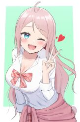 1girl ;d absurdres ahoge border bow bowtie breasts cardigan cardigan_around_waist cleavage clothes_around_waist collarbone collared_shirt commentary_request cowboy_shot dress_shirt green_background gyaru gyarugasaki heart highres kogal large_breasts leaning_forward long_fingers long_hair looking_at_viewer loose_bowtie love_live! love_live!_nijigasaki_high_school_idol_club official_alternate_costume one_eye_closed open_collar open_mouth outside_border panaham parted_bangs pink_bow pink_bowtie pink_cardigan pink_hair pink_skirt plaid_bow plaid_bowtie plaid_clothes plaid_skirt pleated_skirt shirt simple_background skirt smile solo v very_long_hair white_border white_shirt zhong_lanzhu