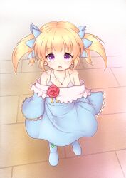 absurdres bare_shoulders blonde_hair boots flat_chest flower hair_ribbon highres iris_mysteria! jewelry lily_(iris_mysteria!) loli looking_at_viewer mellpon necklace open_mouth oversized_clothes purple_eyes ribbon rose standing twintails underwear wide_sleeves