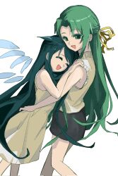 Rule 34 | 2girls, :d, bare shoulders, closed eyes, corrupted twitter file, crossover, detached wings, dress, feet out of frame, green eyes, green hair, hair flaps, hair ribbon, half updo, hashtag-only commentary, highres, higurashi no naku koro ni, long hair, multiple girls, open mouth, ribbon, saya (saya no uta), saya no uta, simple background, sleeveless, sleeveless dress, sleeveless sweater, smile, sonozaki shion, sundress, sweater, very long hair, weizi5523, white background, white dress, wings