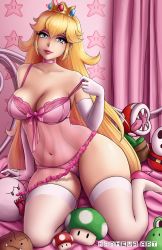 1girl adjusting_clothes babydoll bare_shoulders bed bed_sheet bedroom blonde_hair blue_eyes boo_(mario) breasts choker cleavage closed_mouth collarbone crown curtains earrings elbow_gloves female_focus full_body gloves goomba high_heels highres indoors jewelry lips lipstick long_hair looking_at_viewer makeup mario_(series) marmewa medium_breasts navel nintendo panties pink_gloves pink_panties piranha_plant princess_peach shy_guy sitting smile solo thighhighs underwear underwear_only wall white_thighhighs yokozuwari yoshi
