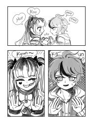 Rule 34 | 1boy, 1girl, amemiya darumi, black bow, bow, close-up, closed eyes, comic, hands up, heart, highres, hood, hoodie, long sleeves, looking at another, looking at viewer, monochrome, multicolored hair, multiple views, panels, profile, safety pin, shirt, short hair, striped clothes, striped shirt, sumino takumi, the hundred line -last defense academy-, twintails, white background