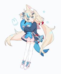 1girl :3 absurdres ahoge alternate_costume animal_ears bag blonde_hair blue_cardigan blue_hair blunt_bangs cardigan cat_ears closed_mouth commentary fang fish_girl fish_hair_ornament hair_ornament hashtag-only_commentary head_tilt highres holding holding_stuffed_toy indie_virtual_youtuber lifebuoy_hair_ornament long_hair looking_at_viewer low_twintails miniskirt multicolored_hair one_side_up pink_sailor_collar pink_shoes pink_skirt pleated_skirt sailor_collar sameko_saba sameko_saba_(fish) school_uniform serafuku shirt shoes shoulder_bag shouu-kun simple_background skin_fang skirt sleeves_past_wrists sneakers solo streaked_hair stuffed_toy thighhighs twintails very_long_hair virtual_youtuber white_background white_hair white_shirt white_thighhighs