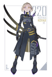 1girl absurdres armored_bodysuit black_bodysuit blonde_hair bodysuit full_body heterochromia highres looking_at_viewer mole mole_under_eye original purple_eyes science_fiction sheath sheathed short_hair solo standing sword weapon white_background yang_youcai yellow_eyes