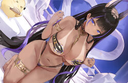 1girl absurdres animal_ears azur_lane bikini bikini_tan black_hair breasts cleopatra_(azur_lane) cleopatra_(stars_and_roses)_(azur_lane) gold_armlet gold_collar gold_thighlet highres huge_breasts jackal_ears jackal_girl kneeling long_hair looking_at_viewer manjuu_(azur_lane) multicolored_hair navel official_alternate_costume purple_hair purple_streaks solo_focus star-shaped_pupils star_(symbol) strapless strapless_bikini streaked_hair suo_bu_ye_feng swimsuit symbol-shaped_pupils tan tanline thighs two-tone_hair very_long_hair