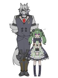 1boy 1girl apron armored_boots arms_behind_back black_dress black_pants black_vest boots closed_mouth corin_wickes dress flying_sweatdrops full_body furry furry_male green_hair hair_ribbon height_difference kokaki_mumose long_hair maid maid_headdress pants parted_lips purple_eyes red_eyes ribbon screw_hair_ornament shirt short_sleeves simple_background standing twintails vest von_lycaon white_background white_shirt wolf_boy zenless_zone_zero