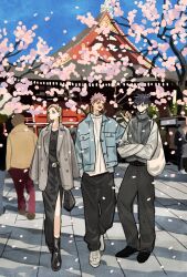 Rule 34 | 1girl, 2boys, black boots, black hair, blue sky, boots, brown hair, cherry blossoms, crossed arms, denim, denim jacket, facial mark, falling petals, full body, fushiguro megumi, highres, itadori yuuji, jacket, jacket on shoulders, jujutsu kaisen, kugisaki nobara, long sleeves, looking to the side, multiple boys, outdoors, pale skin, petals, pink hair, short hair, sky, takeuchi ryousuke