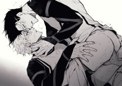 Rule 34 | 2boys, anal, ass, barou shouei, blue lock, blue lock bodysuit, chuma a a, clothed sex, clothes pull, fingernails, gradient background, grey background, greyscale, hand on another&#039;s neck, highres, looking at another, male focus, male penetrated, monochrome, multiple boys, nagi seishirou, open mouth, pants, pants pull, penis, puff of air, short hair, simple background, soccer uniform, sportswear, teeth, testicles, toned, toned male, white background, yaoi